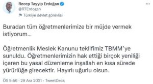 Cumhurbaşkanı, öğretmenlere müjdesini sosyal medya hesabından verdi