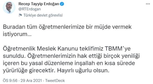 Cumhurbaşkanı, öğretmenlere müjdesini sosyal medya hesabından verdi